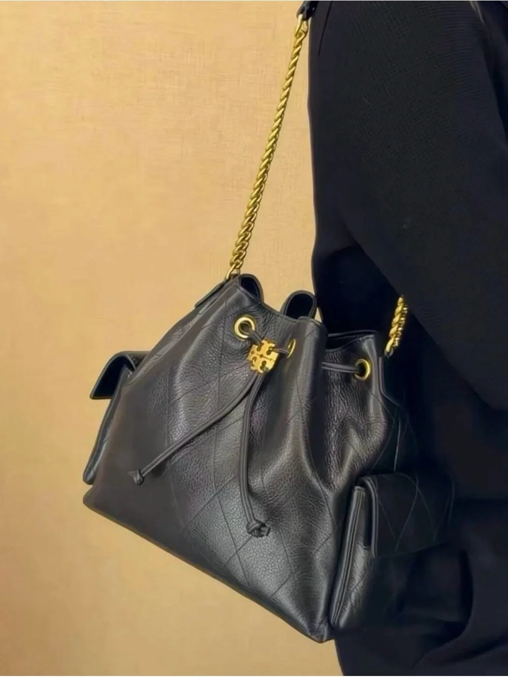 Tory Burch Small size Black Leather Drawstring Hobo with Gold Chain Strap